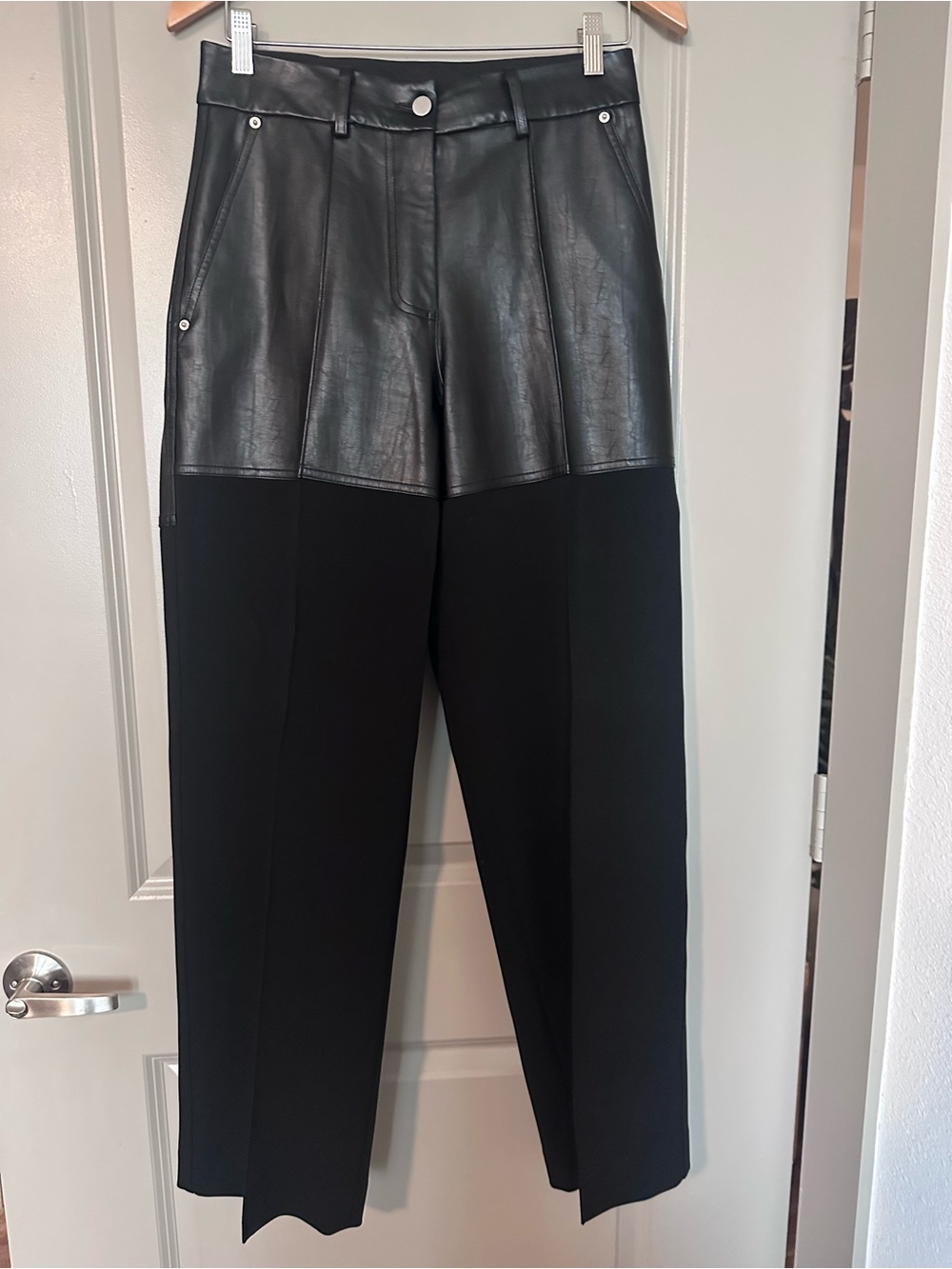 Dual Material Leather and Wool High-Waist Trousers
